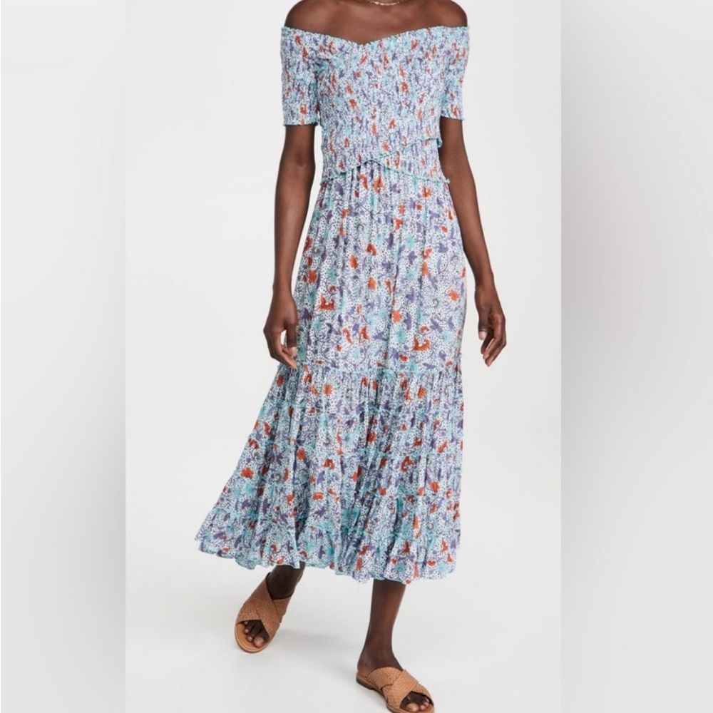 Poupette St. Barth Soledad off the shoulder midi dress in blue floral, NWOT